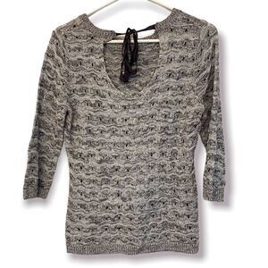 Maurices 3/4 Sleeve Sweater keyhole tie open back gray metallic open knit top M